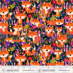 Windham Animal Kingdom Foxes and Flowers Midnight Blue cotton fabric 55456D-2 - detail