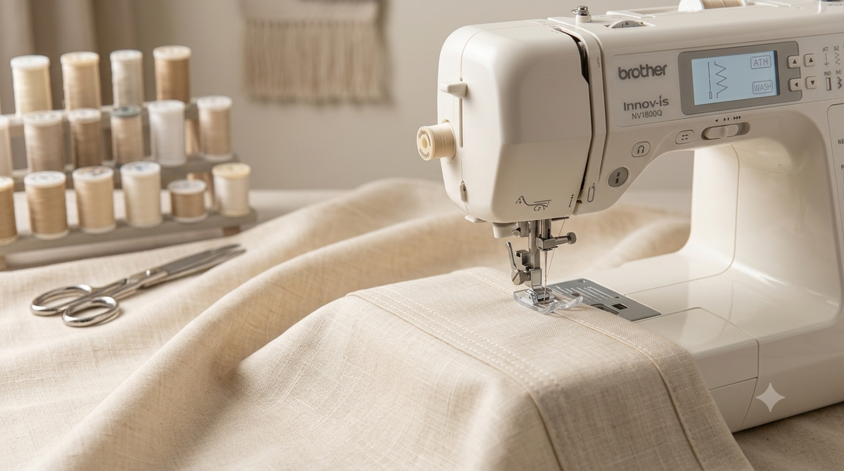 Sewing machine with fabric and scissors