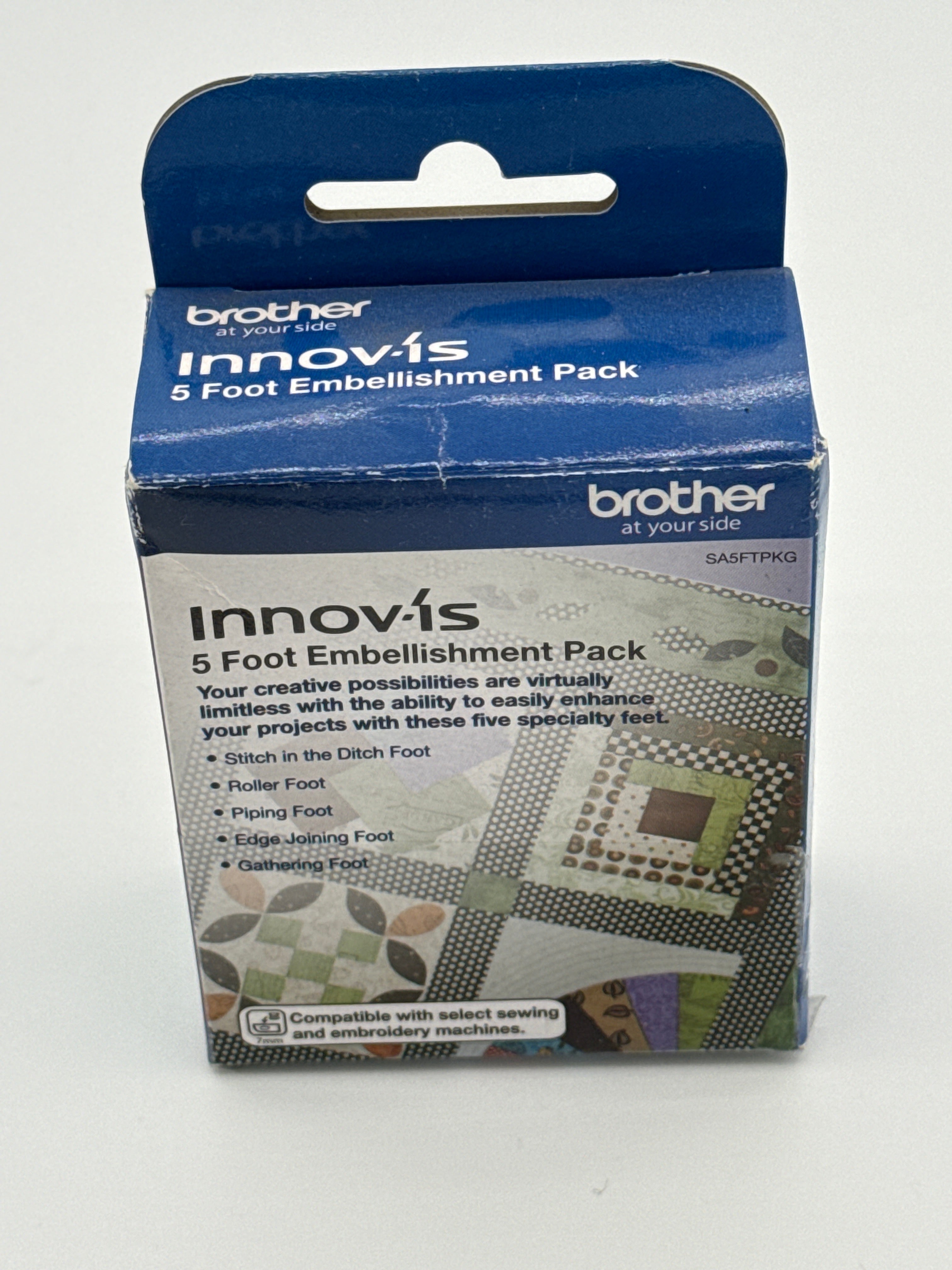 Brother 5 Foot Embellishment Pack - Includes Stitch in the Ditch Foot, Roller Foot, Piping Foot, Edge Joining Foot, and Gathering Foot