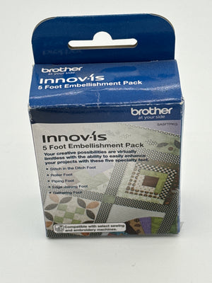Brother 5 Foot Embellishment Pack - Includes Stitch in the Ditch Foot, Roller Foot, Piping Foot, Edge Joining Foot, and Gathering Foot