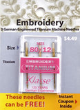 Klassé Titanium Embroidery Needle - Size 80/12