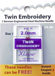 Klassé Twin Embroidery Needle 1 PK - 3.0 mm/Size 75