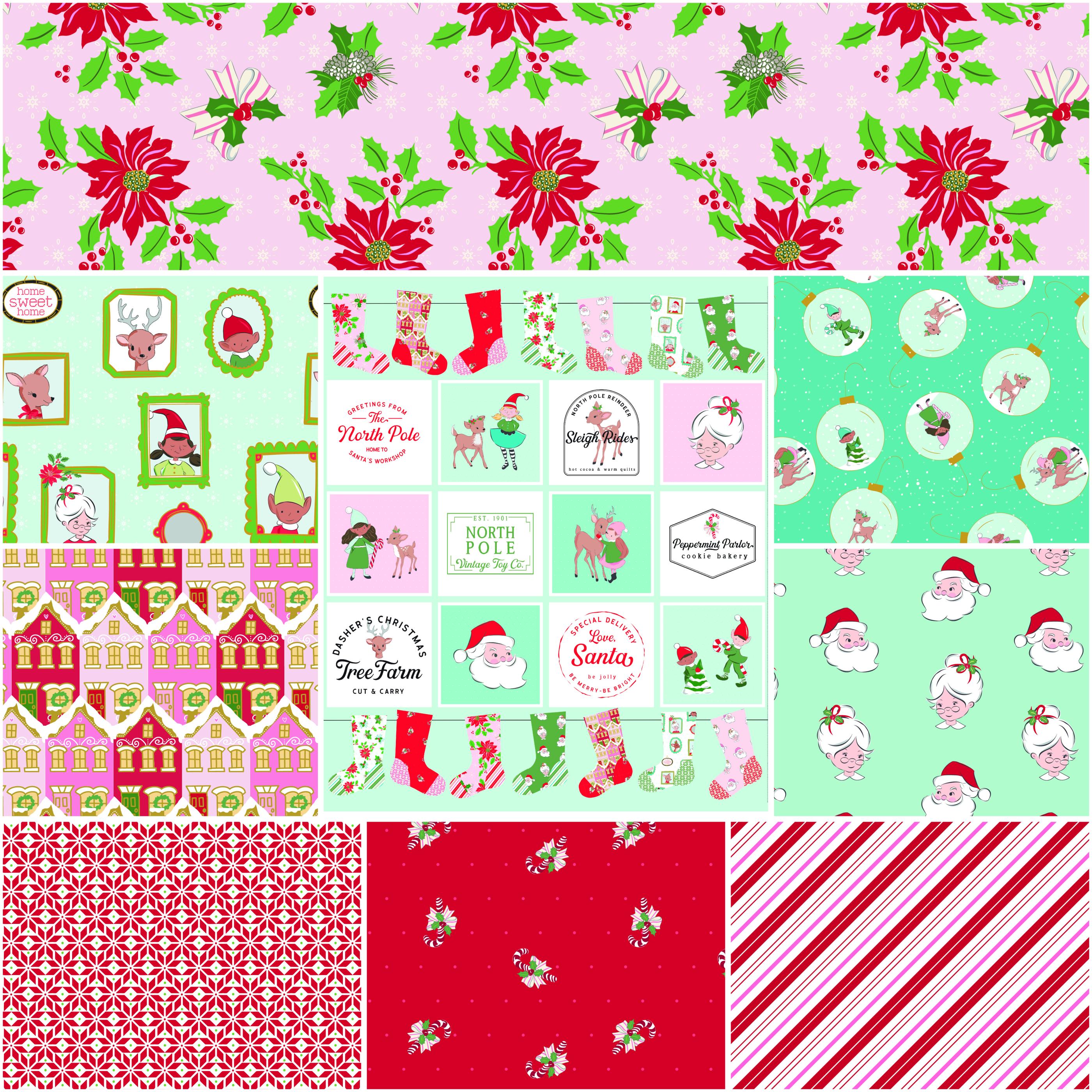 Riley Blake Claus & Co. 1 Yard Bundle Pink, 9 Pcs.