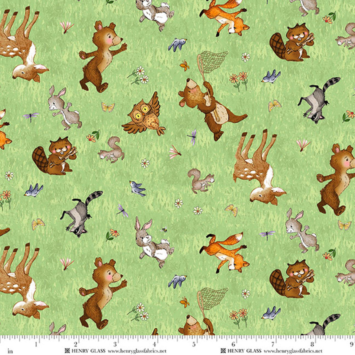 Henry Glass Happy Campers Frolicking Friends Green 2727-66 fabric