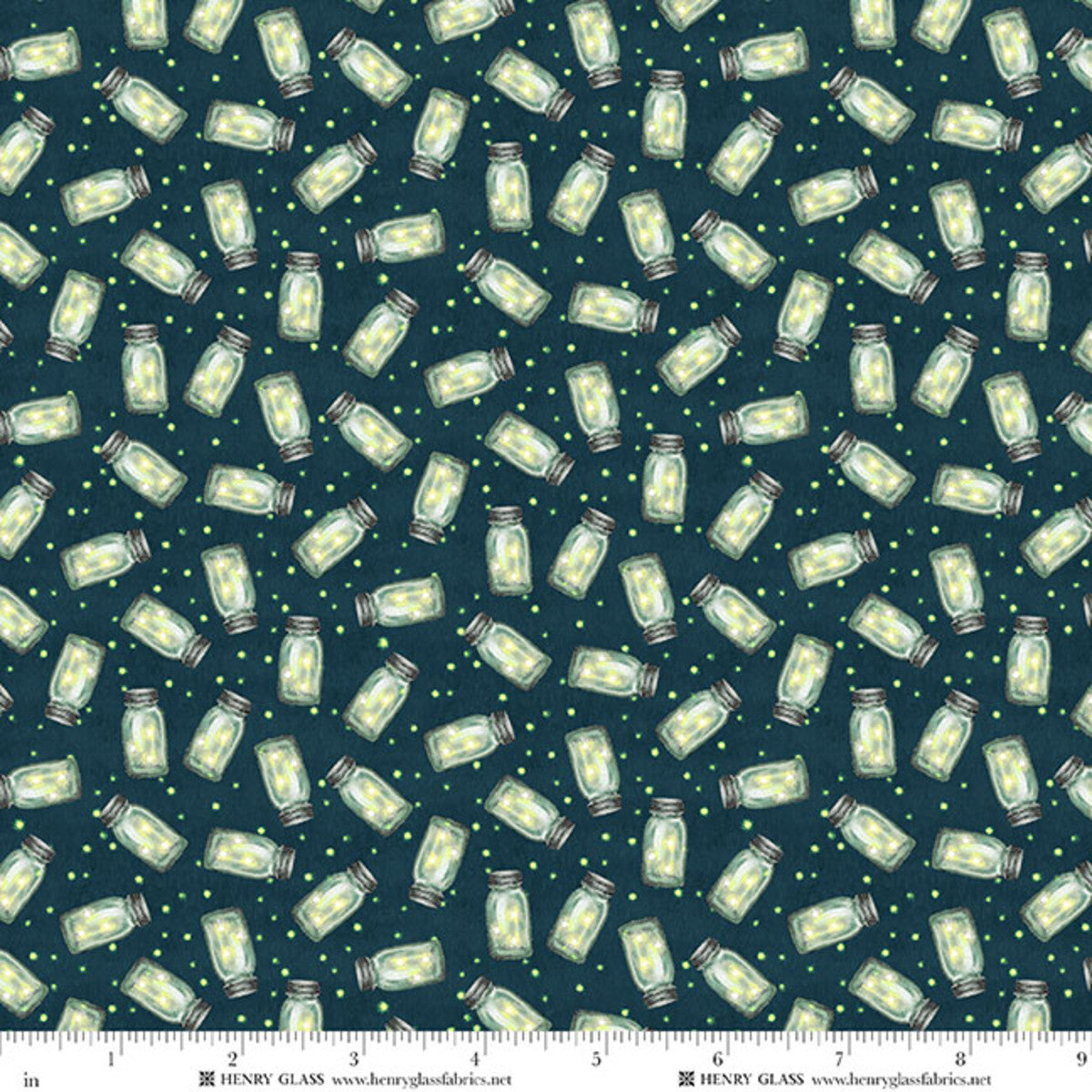 Henry Glass Happy Campers Fireflies Lime/Dark Teal 2735-67 fabric