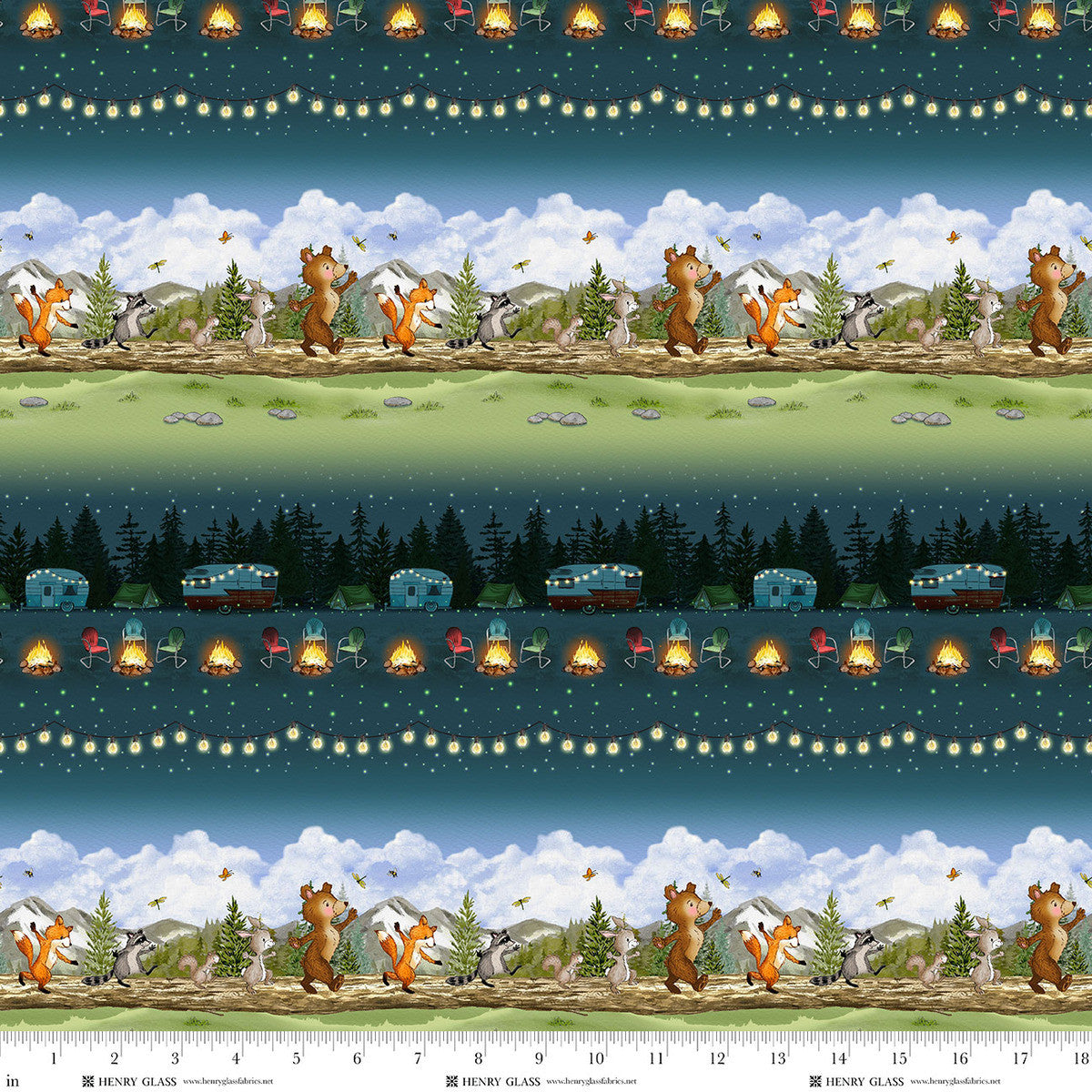 Henry Glass Happy Campers Stripe Dark Teal/Green 2737-76 fabric