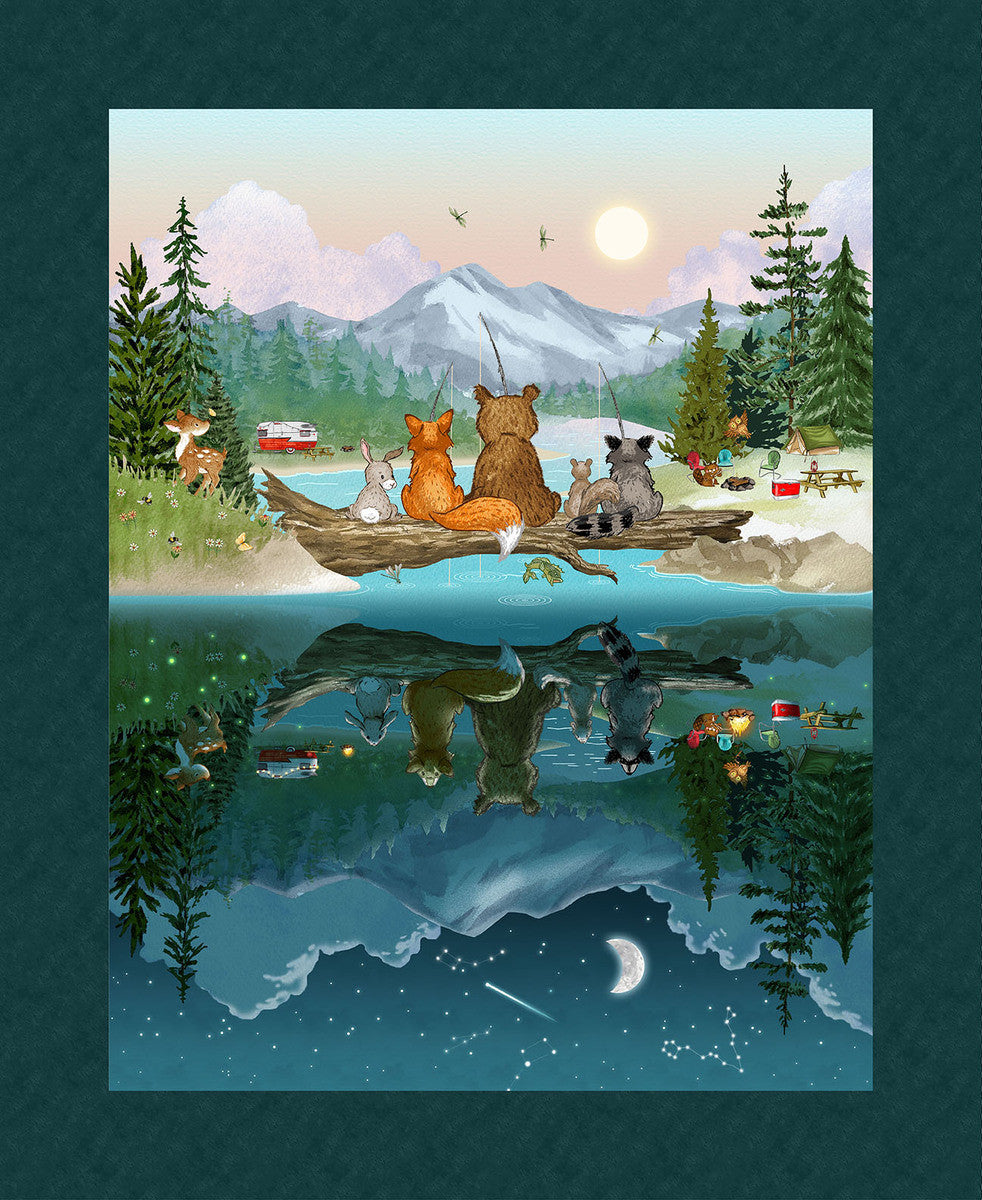 Henry Glass Happy Campers Panel 36" x 44" Dark Teal/Green 2738P-76 fabric