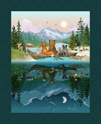 Henry Glass Happy Campers Panel 36" x 44" Dark Teal/Green 2738P-76 fabric