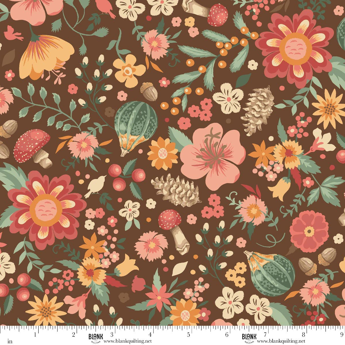 Blank Quilting Maple & Marigolds Flowers with Acorns & Mushrooms Cocoa 4849-39 fabric