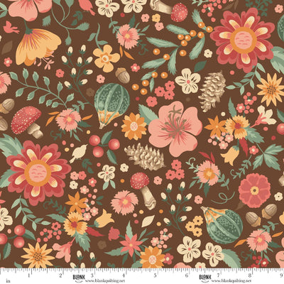 Blank Quilting Maple & Marigolds Flowers with Acorns & Mushrooms Cocoa 4849-39 fabric