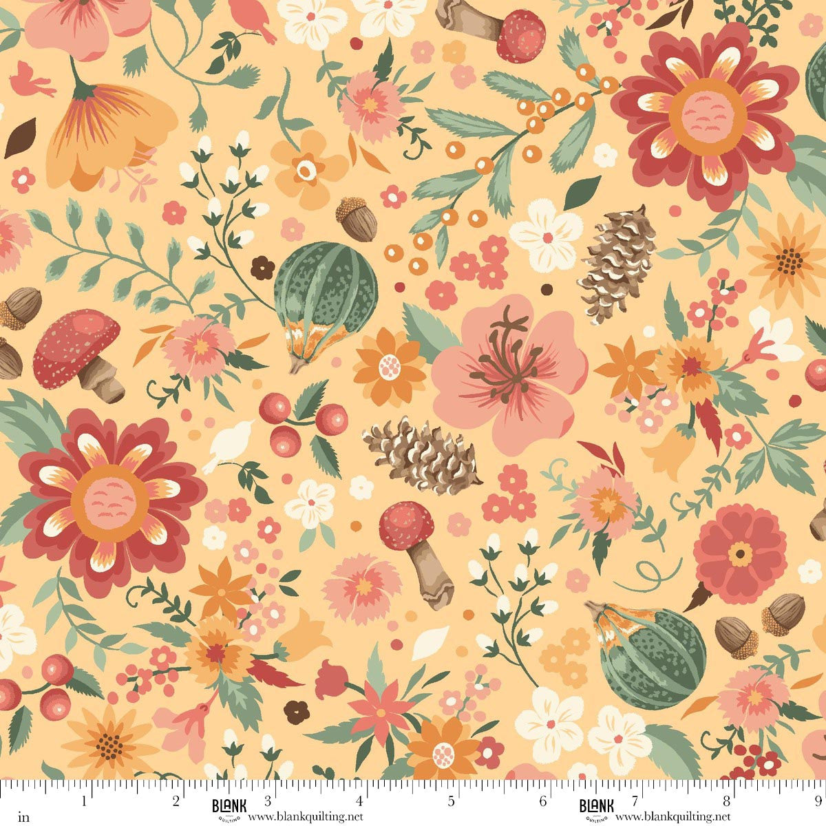 Blank Quilting Maple & Marigolds Flowers with Acorns & Mushrooms Maize 4849-44 fabric