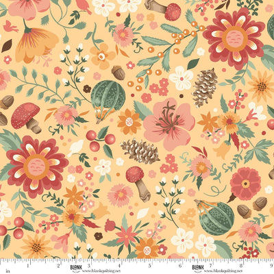 Blank Quilting Maple & Marigolds Flowers with Acorns & Mushrooms Maize 4849-44 fabric