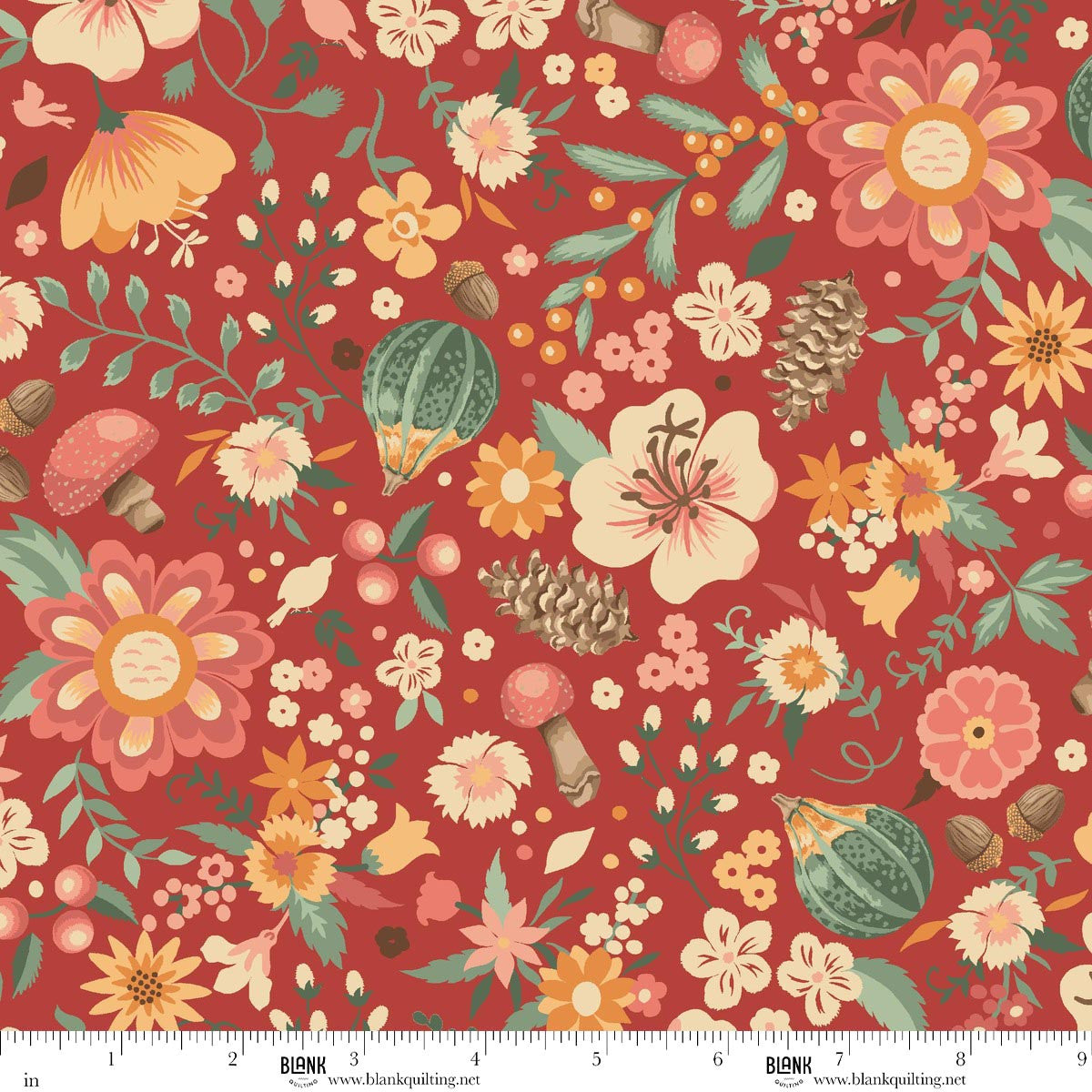 Blank Quilting Maple & Marigolds Flowers with Acorns & Mushrooms Red 4849-88 fabric