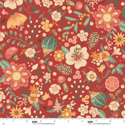 Blank Quilting Maple & Marigolds Flowers with Acorns & Mushrooms Red 4849-88 fabric