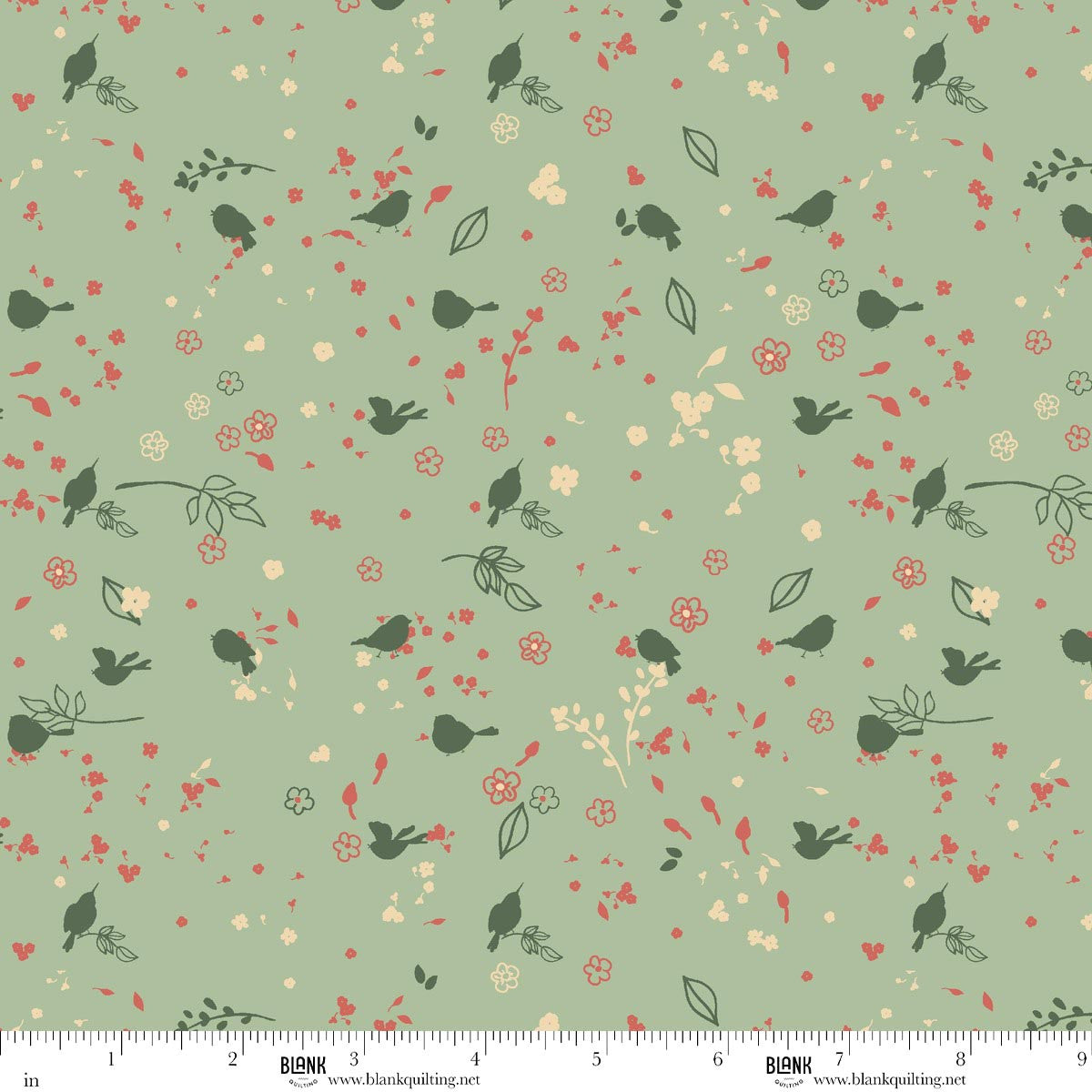 Blank Quilting Maple & Marigolds Tiny Bird with Flowers Lt. Green 4851-60 fabric