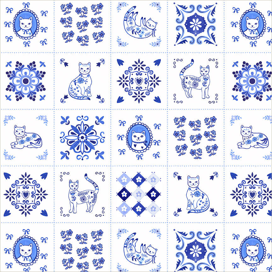 Chateau Meow Tiny Tiles White/Blue quilting cotton by Whistler Studios for Windham Fabrics, 55342-1