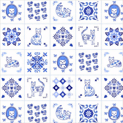 Chateau Meow Tiny Tiles White/Blue quilting cotton by Whistler Studios for Windham Fabrics, 55342-1
