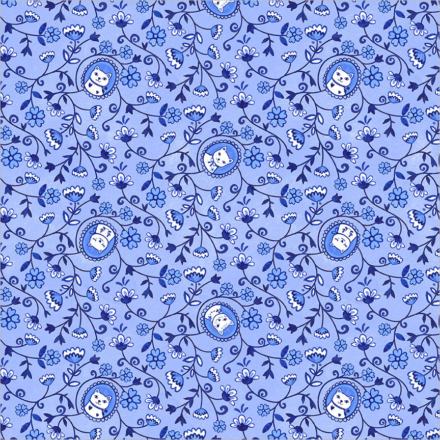 Chateau Meow Purry Portraits Sky quilting cotton by Whistler Studios for Windham Fabrics, 55343-2