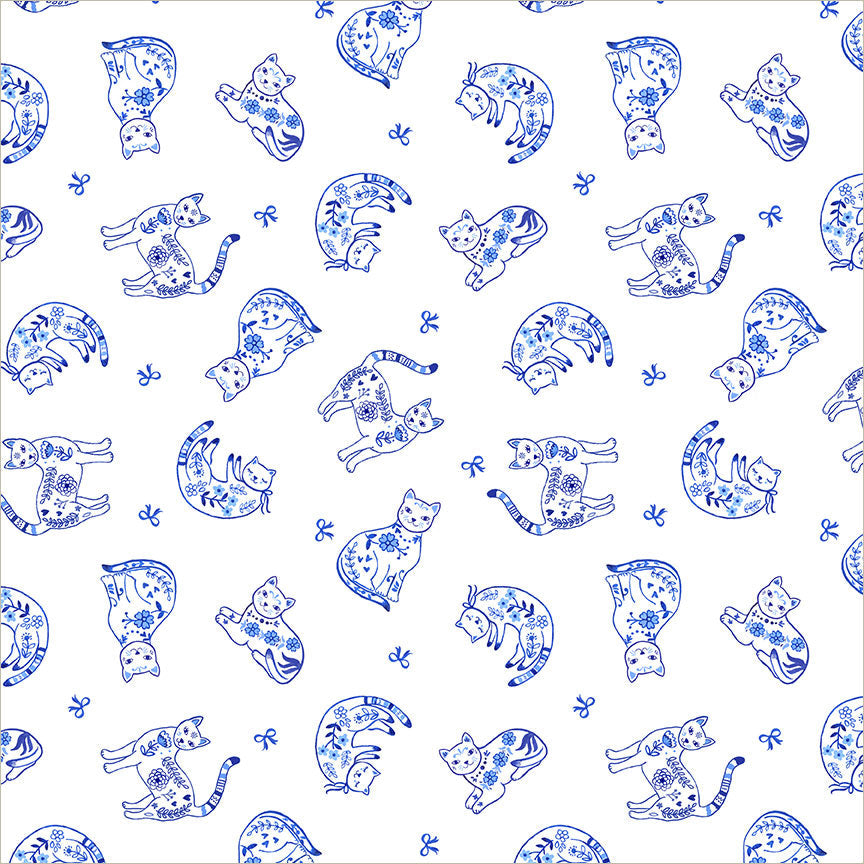 Chateau Meow Purrcelain Cats White/Blue quilting cotton by Whistler Studios for Windham Fabrics, 55344-1