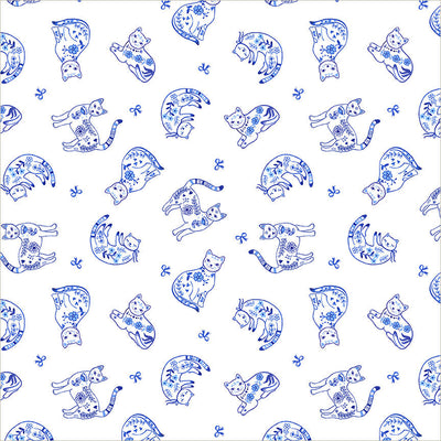 Chateau Meow Purrcelain Cats White/Blue quilting cotton by Whistler Studios for Windham Fabrics, 55344-1