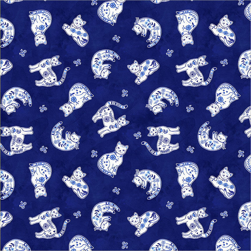 Chateau Meow Purrcelain Cats Royal quilting cotton by Whistler Studios for Windham Fabrics, 55344-3