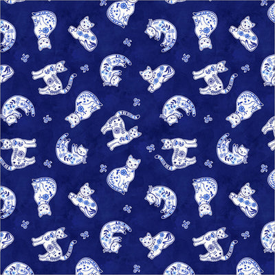 Chateau Meow Purrcelain Cats Royal quilting cotton by Whistler Studios for Windham Fabrics, 55344-3