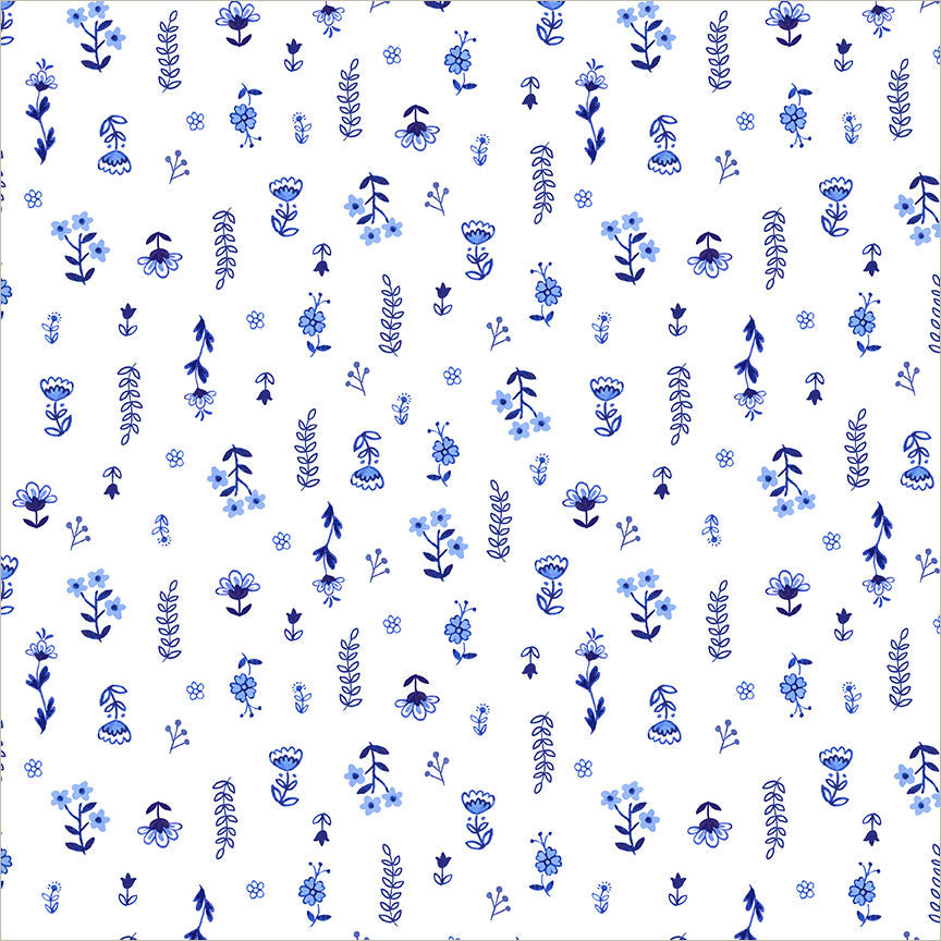 Chateau Meow Painted Florals White/Blue quilting cotton by Whistler Studios for Windham Fabrics, 55346-1