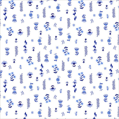 Chateau Meow Painted Florals White/Blue quilting cotton by Whistler Studios for Windham Fabrics, 55346-1