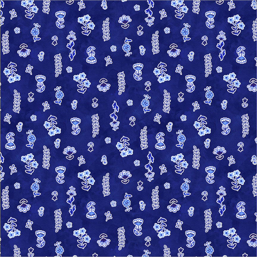 Chateau Meow Painted Florals Royal quilting cotton by Whistler Studios for Windham Fabrics, 55346-3