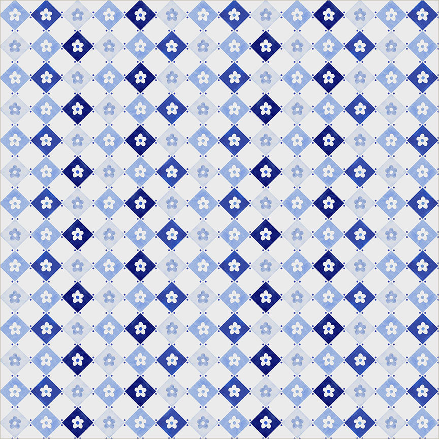 Chateau Meow Daisy Diamonds White/Blue quilting cotton by Whistler Studios for Windham Fabrics, 55348-1