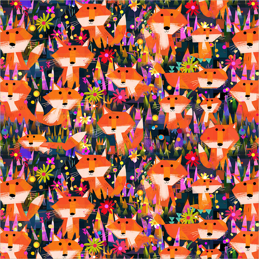 Windham Animal Kingdom Foxes and Flowers Midnight Blue cotton fabric 55456D-2