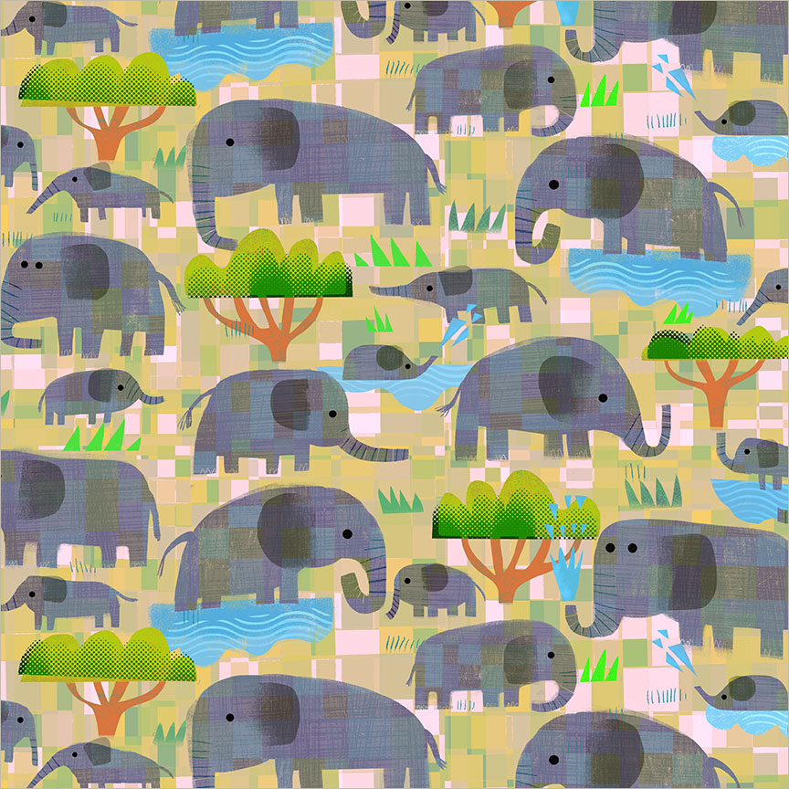 Windham Animal Kingdom Mama Elephant, Baby Elephant Yellow Savanna cotton fabric 55459D-5
