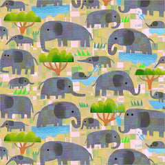 Windham Animal Kingdom Mama Elephant, Baby Elephant Yellow Savanna cotton fabric 55459D-5