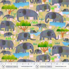 Windham Animal Kingdom Mama Elephant, Baby Elephant Yellow Savanna cotton fabric 55459D-5 - detail
