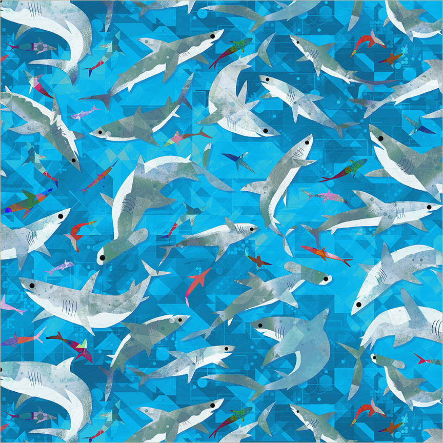 Windham Animal Kingdom Stealthy Sharks Cyan cotton fabric 55462D-7