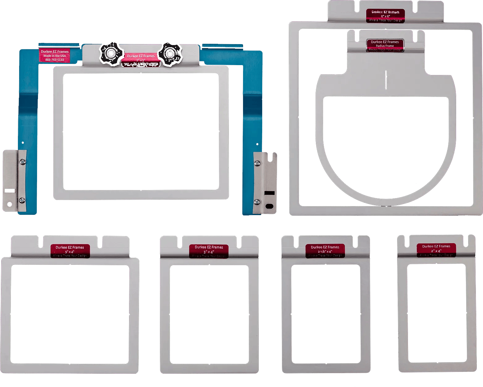 Brother 7pc EZ Frames Combo Pack for Muti-Needle Machines - Includes (1) 2” x 4”, (1) 2.5” x 4”, (1) 3” x 4”, (1) 5” x 4”, (1) 7” x 5”, and (1) 8” x 8” Hoops, and Cap Back/Radius Frame SAEZ7MN - Store Only