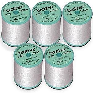 Brother EBTPE 90 Weight Embroidery Bobbin Thread, White - 5 Spools