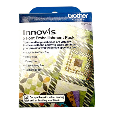 Brother 5 Foot Embellishment Pack - Includes Stitch in the Ditch Foot, Roller Foot, Piping Foot, Edge Joining Foot, and Gathering Foot