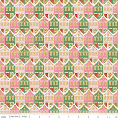 Riley Blake Claus & Co. Christmas Houses Pink (Gold Sparkle) SC17742-PINK with ruler