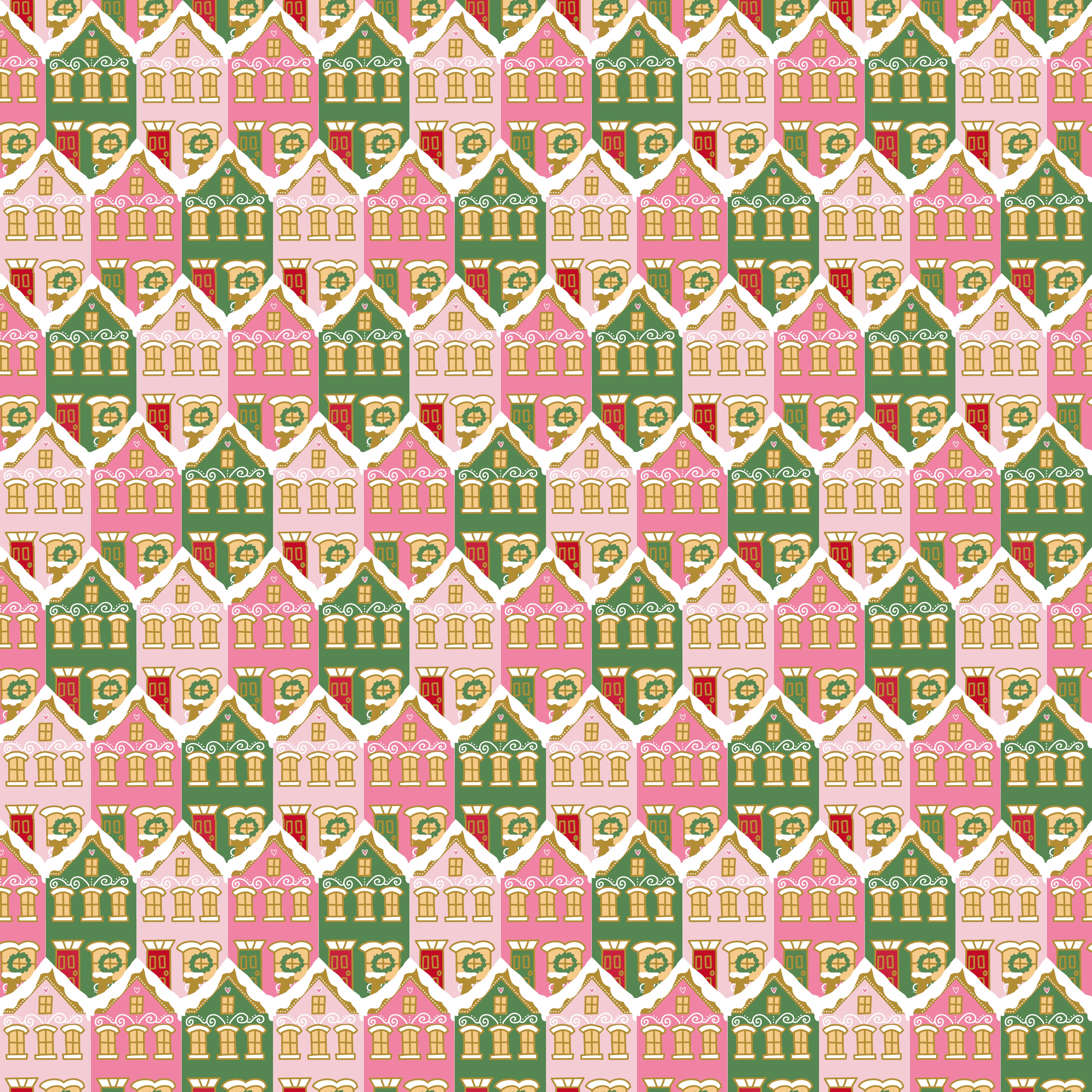 Riley Blake Claus & Co. Christmas Houses Pink (Gold Sparkle) SC17742-PINK