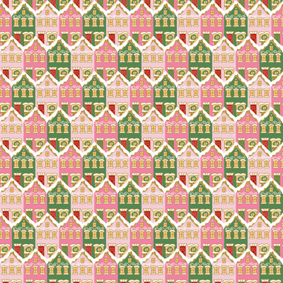 Riley Blake Claus & Co. Christmas Houses Pink (Gold Sparkle) SC17742-PINK