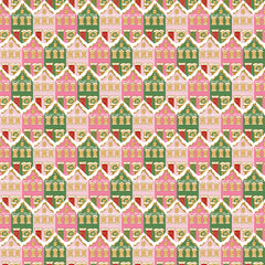 Riley Blake Claus & Co. Christmas Houses Pink (Gold Sparkle) SC17742-PINK