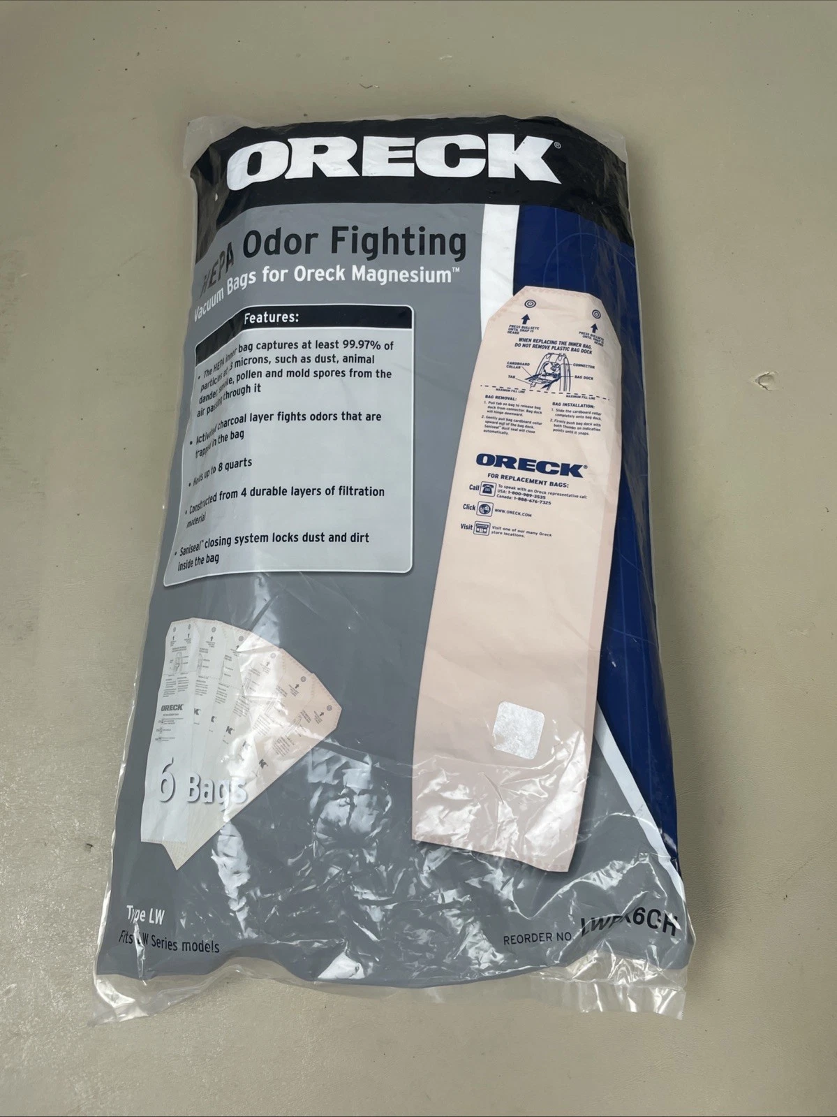 Genuine Oreck LWPK60H Magnesium HEPA Vacuum Bags Odor Fighting Type LW 6 Bags