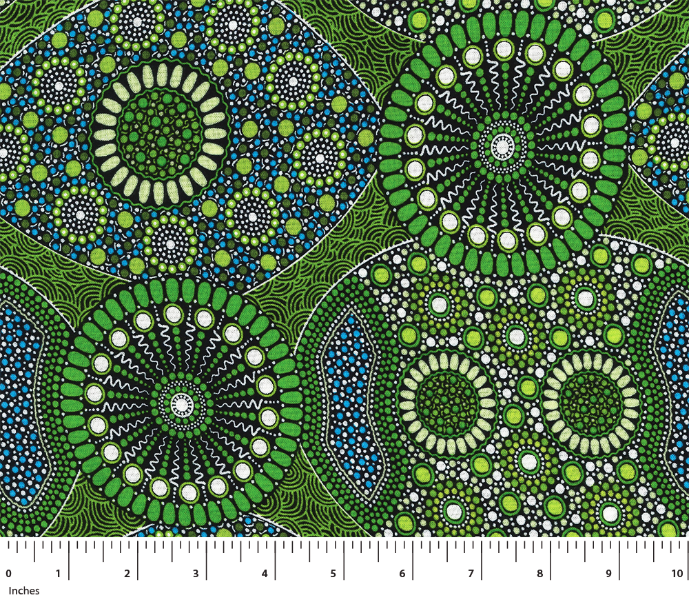 Wild Bush Banana & Tomato Green Australian Aboriginal rayon fabric by Marlene Doolan, M&S Textiles R-WBBTGR