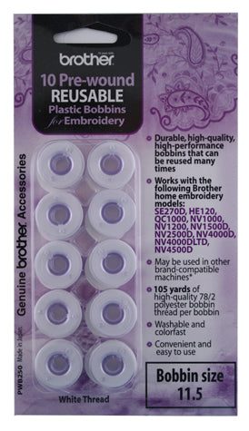 Brother Prewound White Embroidery Bobbin Thread - 10 Pack Size 11.5