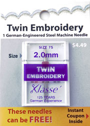 Klassé Twin Embroidery Needle 1 PK - 2.0 mm/Size 75