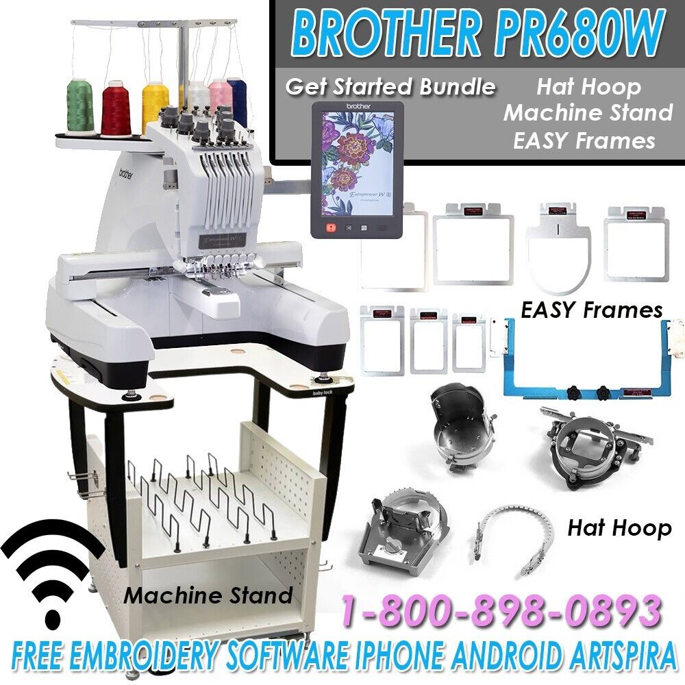 Brother PR680WBNDL Entrepreneur W PR680W 6‑Needle Embroidery Machine with PRNSTD2 Stand and PRCF5 Cap Frame Set and Durkee EZ Frames